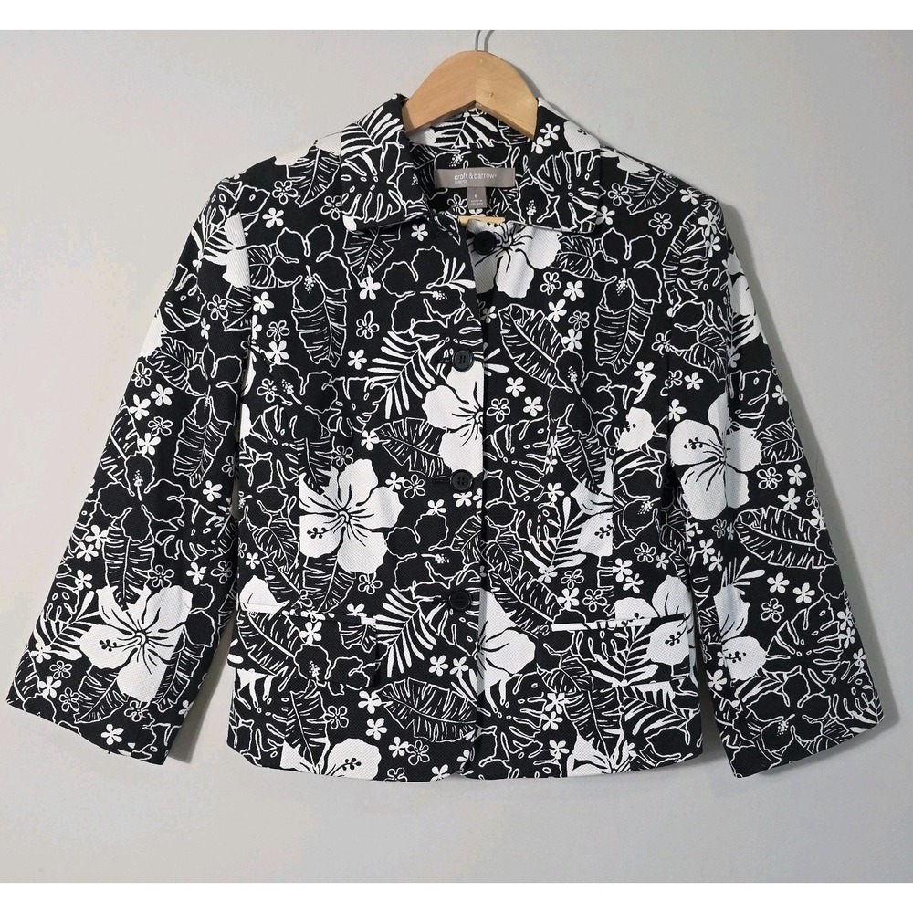 Croft & Barrow Black White Floral Blazer Jacket Cotton Stretch Size S 98% Cotton - Picture 2 of 11